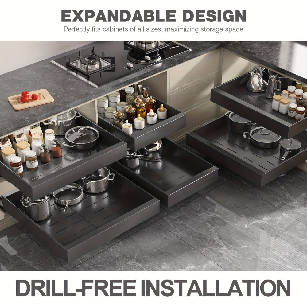 Juego de 4 organizadores extraíbles para gabinetes, cajones extensibles y ajustables (32.0cm-52.07cm de ancho), instalación sin taladro con adhesivo fuerte, estante deslizante de acero al carbono inoxidable, capacidad de carga de 27.22 kg