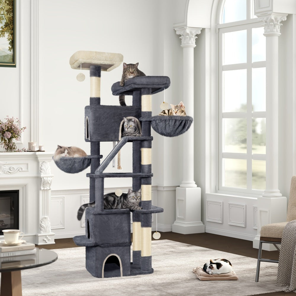 Árbol para Gatos de 185 cm, Torre Grande para Gatos de Interior, Mueble para Gatos con 2 Plataformas, 3 Condominios, 6 Postes para Rascar, 2 Cestas, Pompones y Cojín Lavable