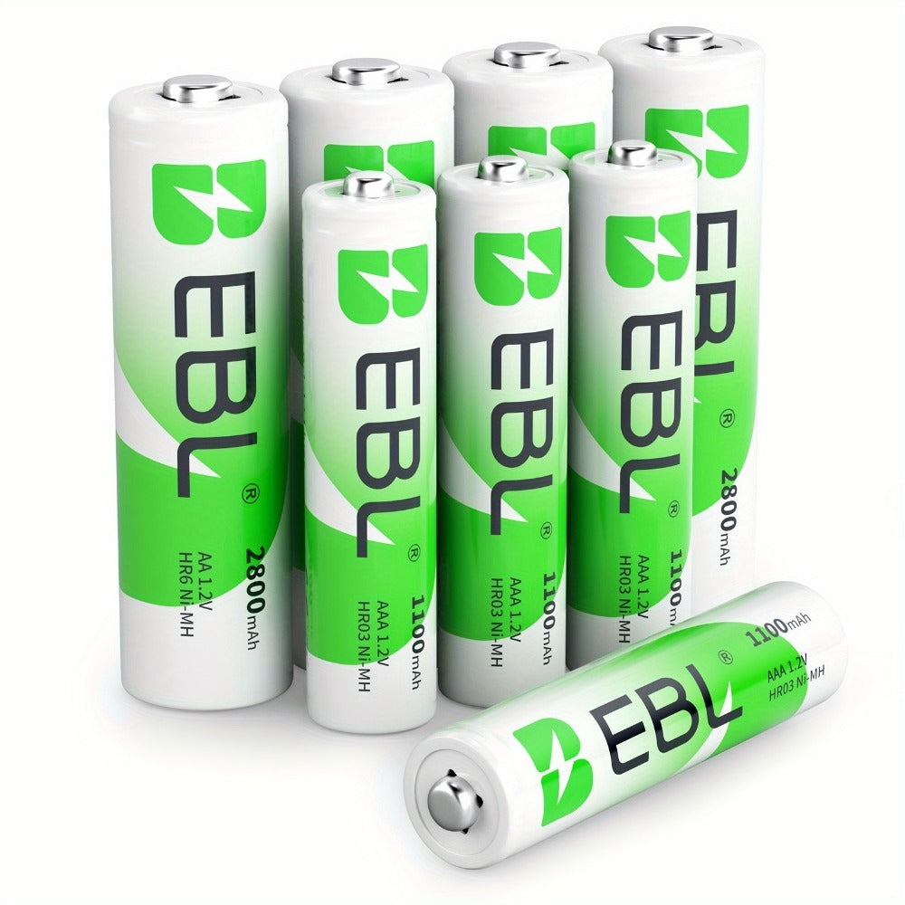 EBL ofrece un juego de 32 pilas Nimh recargables, que incluye 16 pilas AA con una capacidad de 2800 mAh y 16 pilas AAA con una capacidad de 1100 mAh