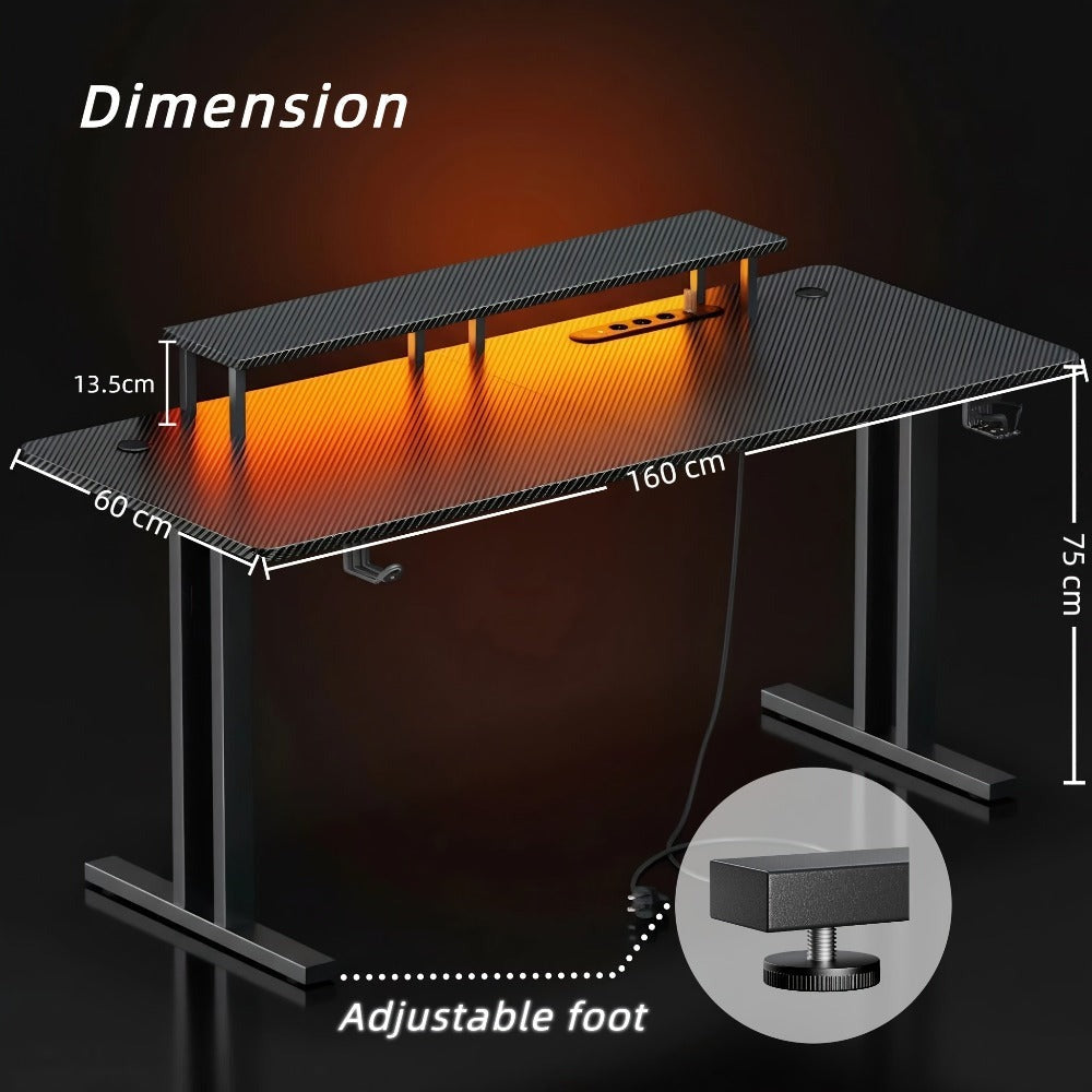 Escritorio Gaming RGB con Tomas de Corriente y Soporte para Monitor, Estación de Trabajo Ergonómica para Computadora, Mesa de Fibra de Carbono Grande para Oficina en Casa con Portavasos y Gancho para Auriculares, Regalos de Navidad,