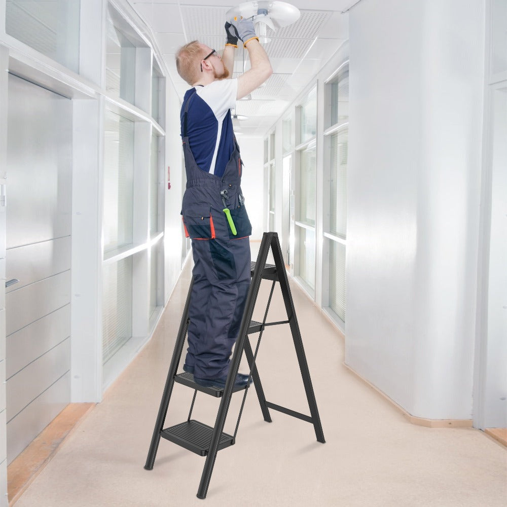 Escalera de 2/3/4 peldaños, escalera plegable con pedal ancho antideslizante, escalera doméstica, taburete multifuncional, fácil de guardar, carga máxima de 150 kg, escalera para el hogar, oficina, negra