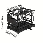 Juego de escurridor de platos de 2 niveles con bandeja de goteo - Espera de metal grande para platos con desagüe, soporte para vasos, soporte para cubiertos y sistema de desagüe adicional - Accesorios de cocina para secado y organización eficiente de plat