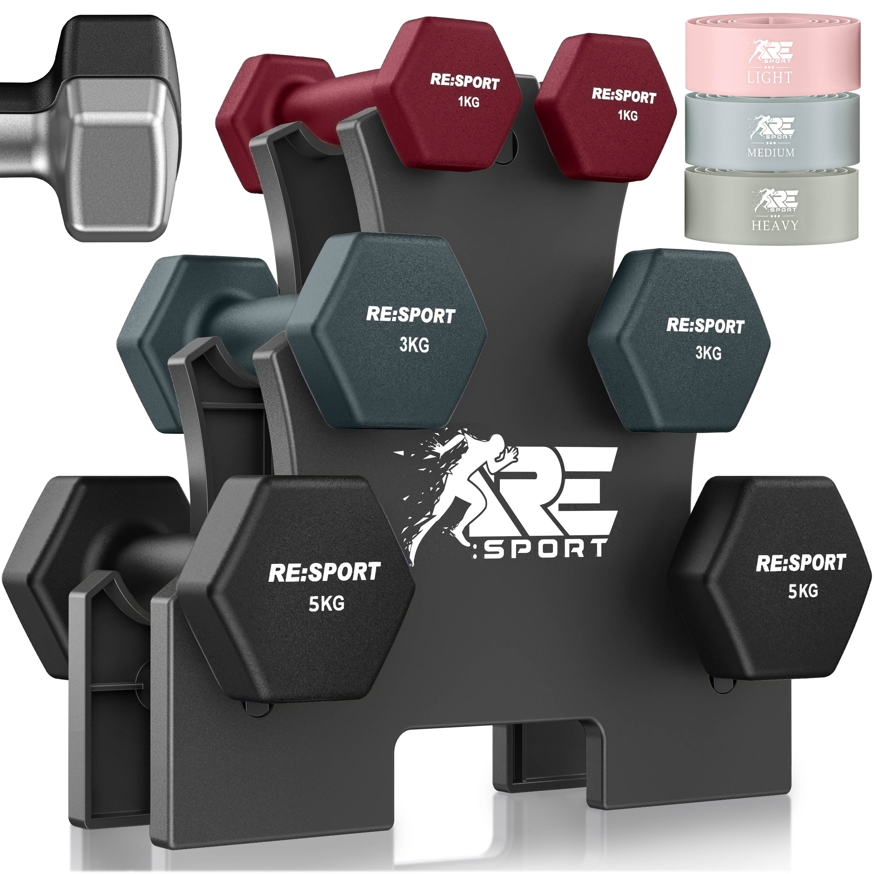 RE:SPORT® Juego de Mancuernas 3 Pares, 1Kg - 5Kg, 12Kg o 18Kg con Soporte y 3 Bandas Elásticas Fitness | Mancuernas Cortas Antideslizantes de Neopreno para Mujeres y Hombres | Juego de Mancuernas