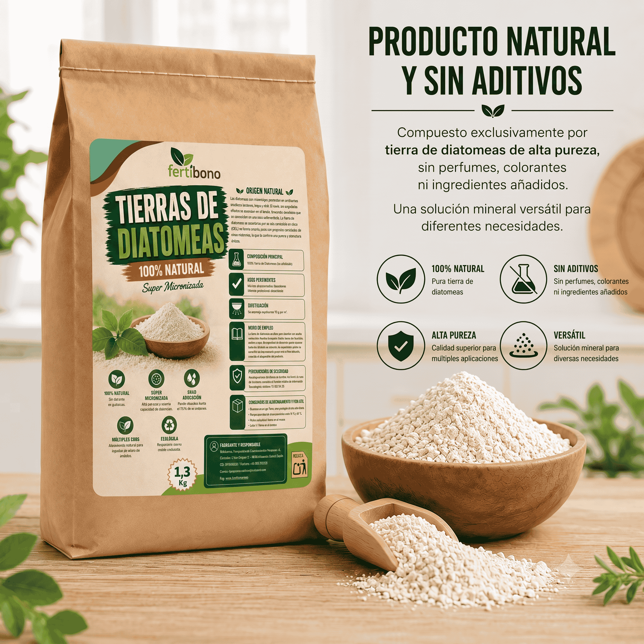 Tierra de Diatomeas Premium – 100% Natural | Polvo Ultrafino 1,3 kg |Múltiples Aplicaciones | Alta Pureza Super Blanca | Vegano y Seguro