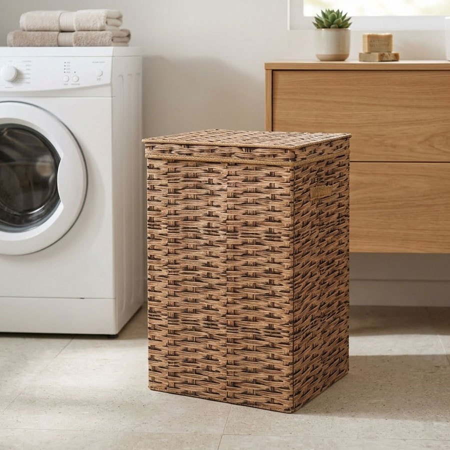 Cesta de lavandería grande de ratán estampado con espacio de almacenamiento, cesta de lavandería para el baño, cesta para toallas de hotel de cinco estrellas, cesta de lavandería, dimensiones 40 x 35 x 60 cm