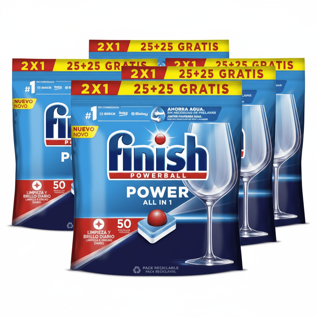 Finish Power All in 1 - Pack de 5 Paquetes De 25+25 (250) Pastillas, o Pack De 2 Paquetes De 25+25 (100) Pastillas para lavavajillas sin fosfatos, con potente Powerball para eliminar las manchas de grasa más difíciles.