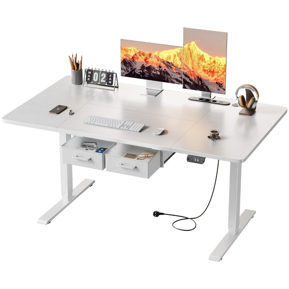 Furnishia Escritorio Eléctrico Elevable con Tomas de Corriente, Escritorio Inteligente con Panel de Memoria y Altura Ajustable con 2 Cajones, Escritorio para Oficina y Estación de Trabajo para Escritura