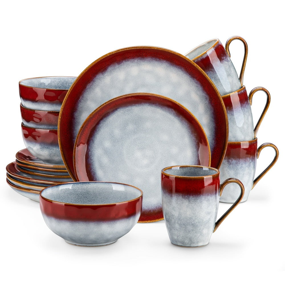 Juego de vajilla de gres de 16 piezas estilo moderno para 4 personas - Platos, cuencos y vajilla con esmalte cocido en horno, platos y cuencos redondos para comidas diarias, entretenimiento festivo, montaje de mesa elegante o uso comercial