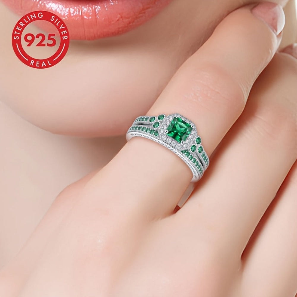 Anillo apilable de moda clásica para mujer PM:A25 de plata de ley 925, elegante y con estilo, con incrustaciones de circonita sintética verde, adecuado para uso diario, un regalo conmemorativo perfecto para las fiestas para familiares y amigos