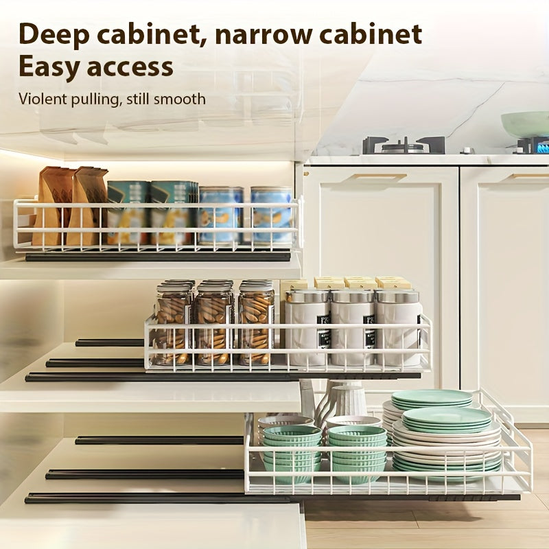 Organizador de gabinete extraíble ajustable de 2 piezas/1 pieza, 3 rieles deslizantes, cajones extraíbles, fácil instalación, ancho ajustable, apto para fregaderos, gabinetes, despensa, baño, ideal para almacenamiento de cocina, organización de cocina