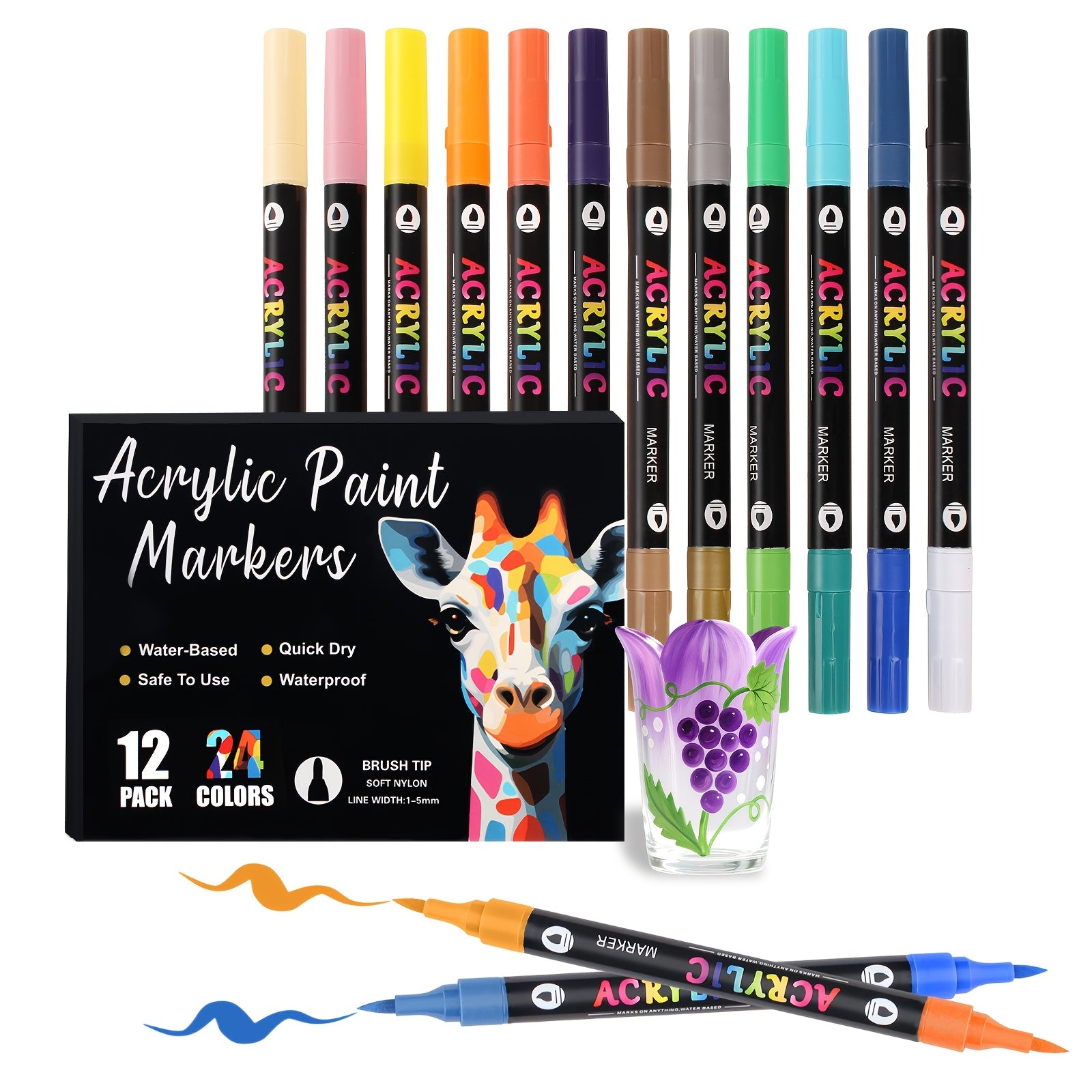 Paquete de 12 rotuladores de pintura acrílica de 24 colores/paquete de 24 de 48 colores/paquete de 36 de 72 colores, punta de pincel de doble cabeza, bolígrafo de pintura acrílica de dos colores, apto para adultos, piedra, madera, roca, lienzo, plástico,