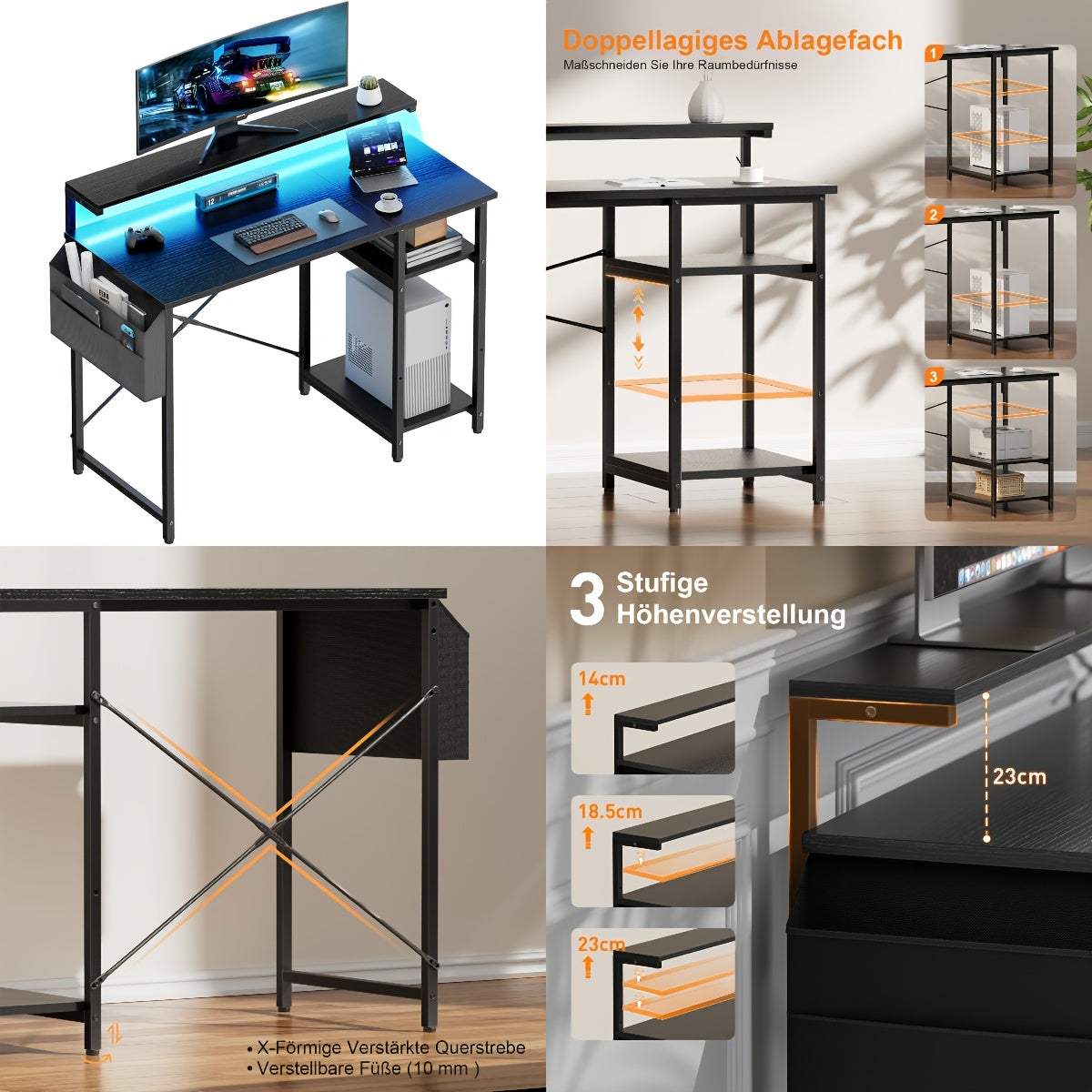 Escritorio FRODROVIA con Luz LED y Estante Ajustable en Altura, Escritorio para Oficina en Casa con Soporte para Monitor, Escritorio de Esquina con Bolsa de Almacenamiento Grande para Oficina en Casa, Estudio, Regalos de Navidad/Acción de Gracias