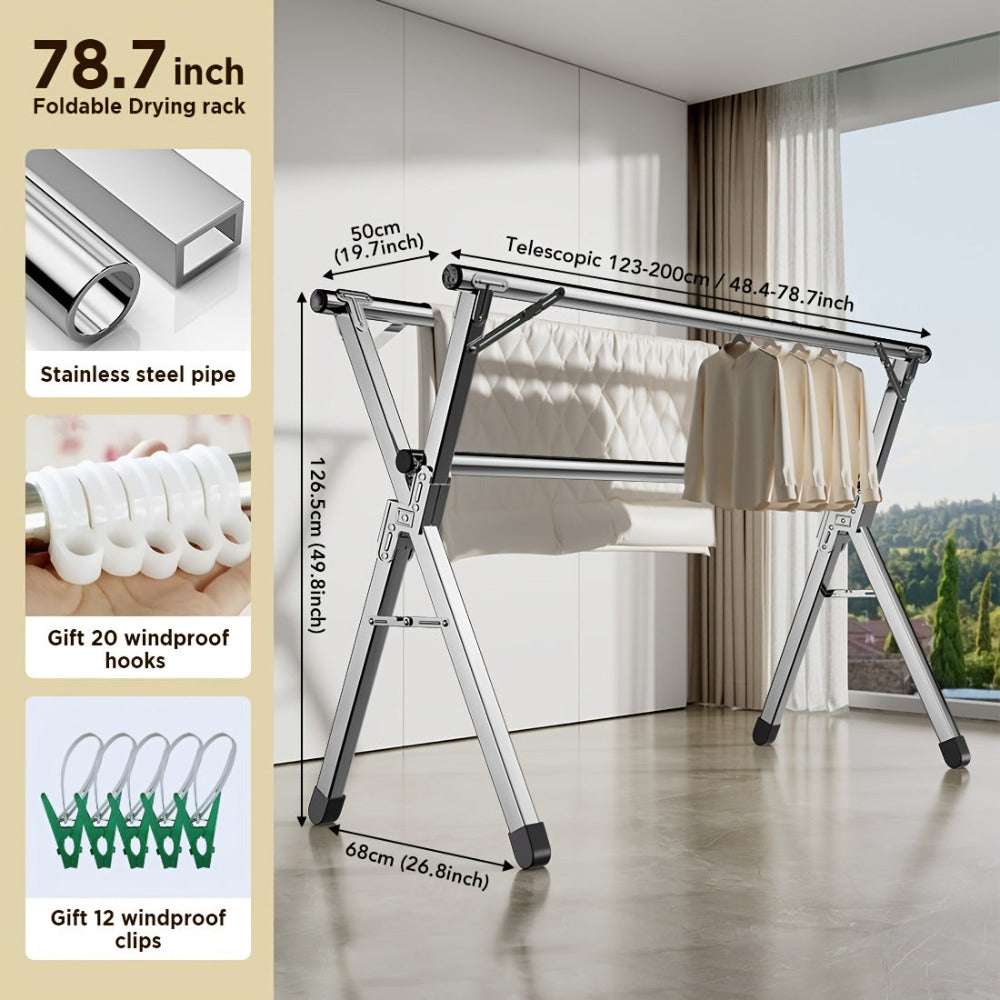 Tendedero plegable de 199.9 cm para interior y exterior - Tendederos de acero inoxidable plegables para ropa de lavandería - Tendedero plegable de alta resistencia, tendedero portátil de alta resistencia grande, plateado, soporte de lavandería independien