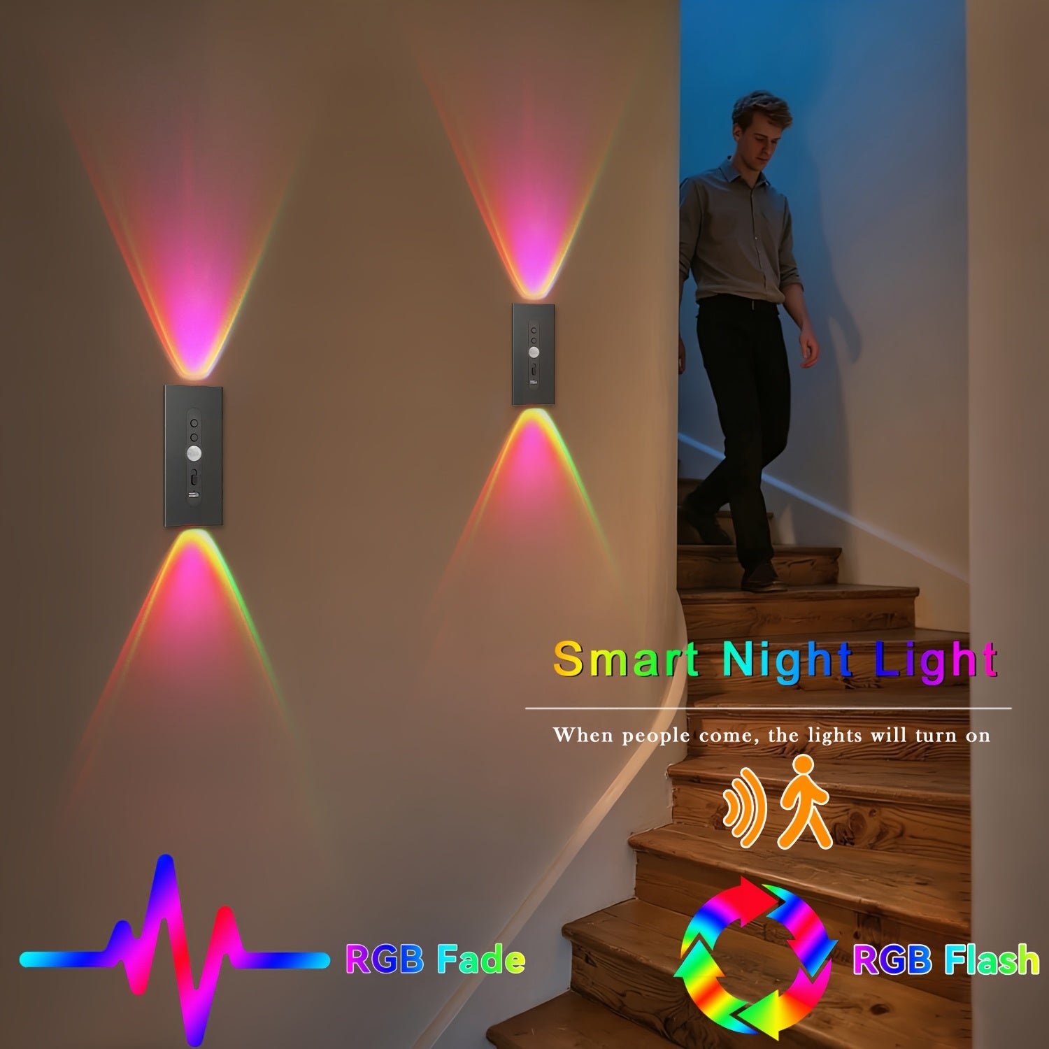 Juego de 2/4 piezas de luz nocturna LED con sensor de movimiento, 7 colores, recargable por USB para decoración de dormitorio, luz nocturna creativa para baños, pasillo, armario, iluminación ambiental para aplique de pared de sala de estar