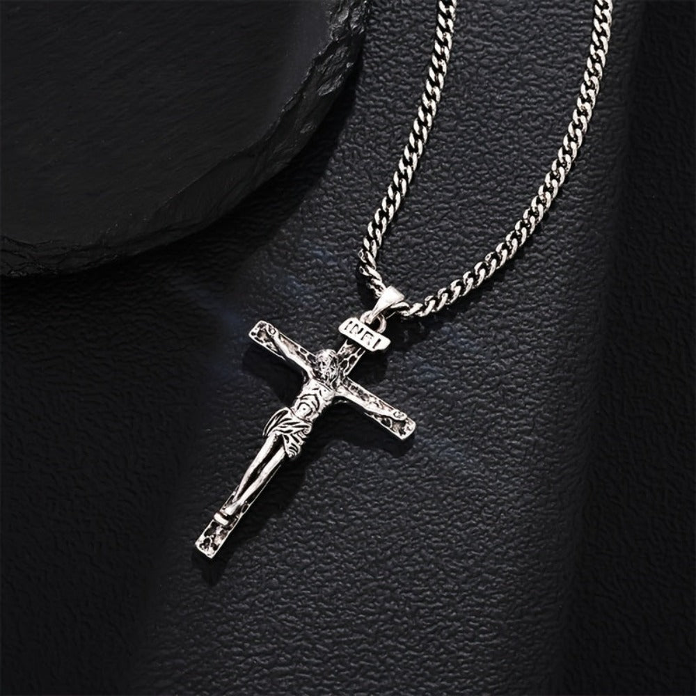 ARTPAGE 925 Plata Plateada, Collar de Cruz Pequeña de Jesús para Hombres, Moda Clásica, Longitud del Collar 60cm/24in, con Cadena de Extensión de 5cm/2in, Tamaño Ajustable Libremente, Regalo de Navidad o San Valentín con Caja de Regalo Exquisita