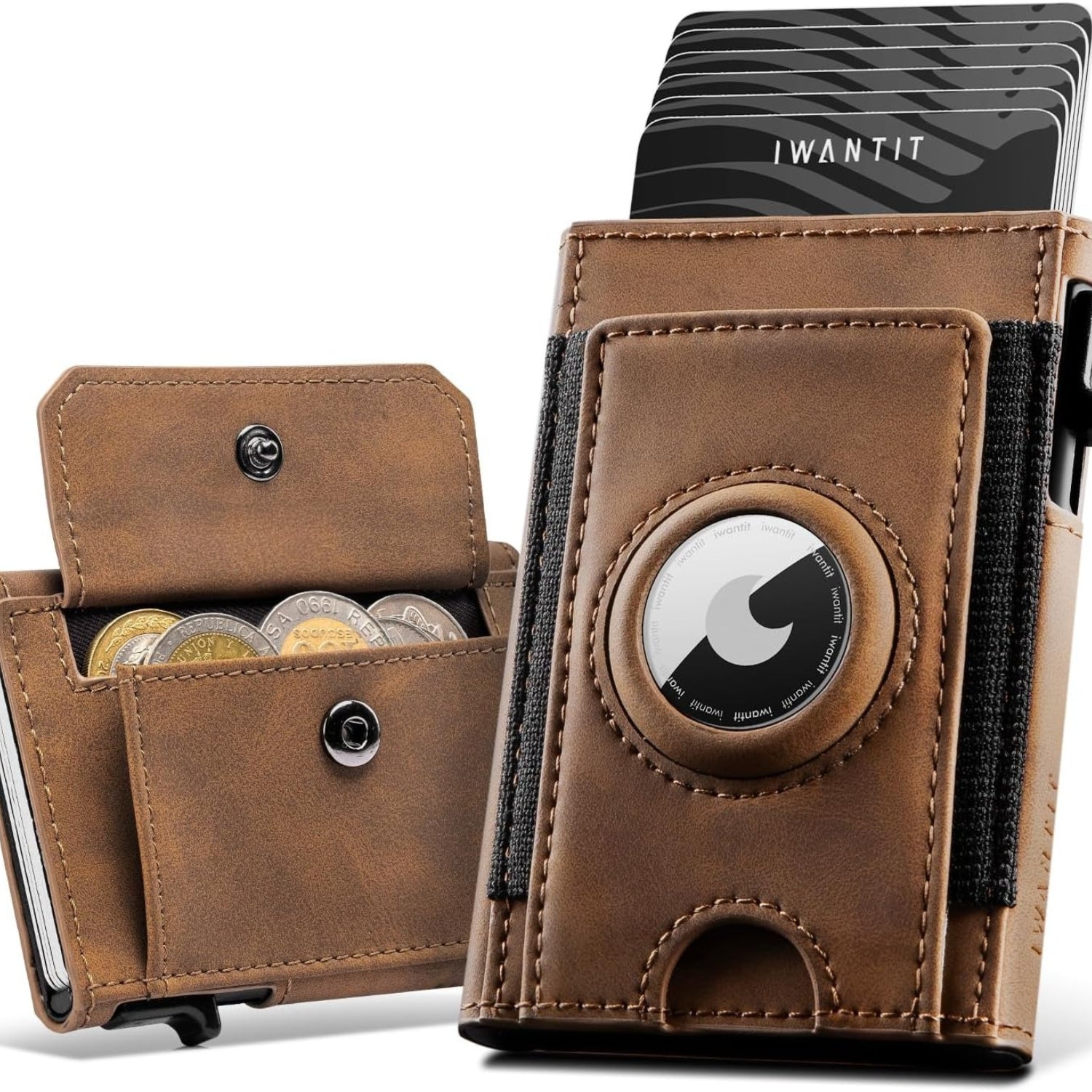 Cartera IWANTIT con Compartimento Grande para Monedas, Cartera para 6-7 Tarjetas, Cartera Delgada para Hombres con Protección RFID, Cartera Inteligente con Apertura Automática, Estuche para Tarjetas con Compartimento para AirTag, Marrón, Minimalista