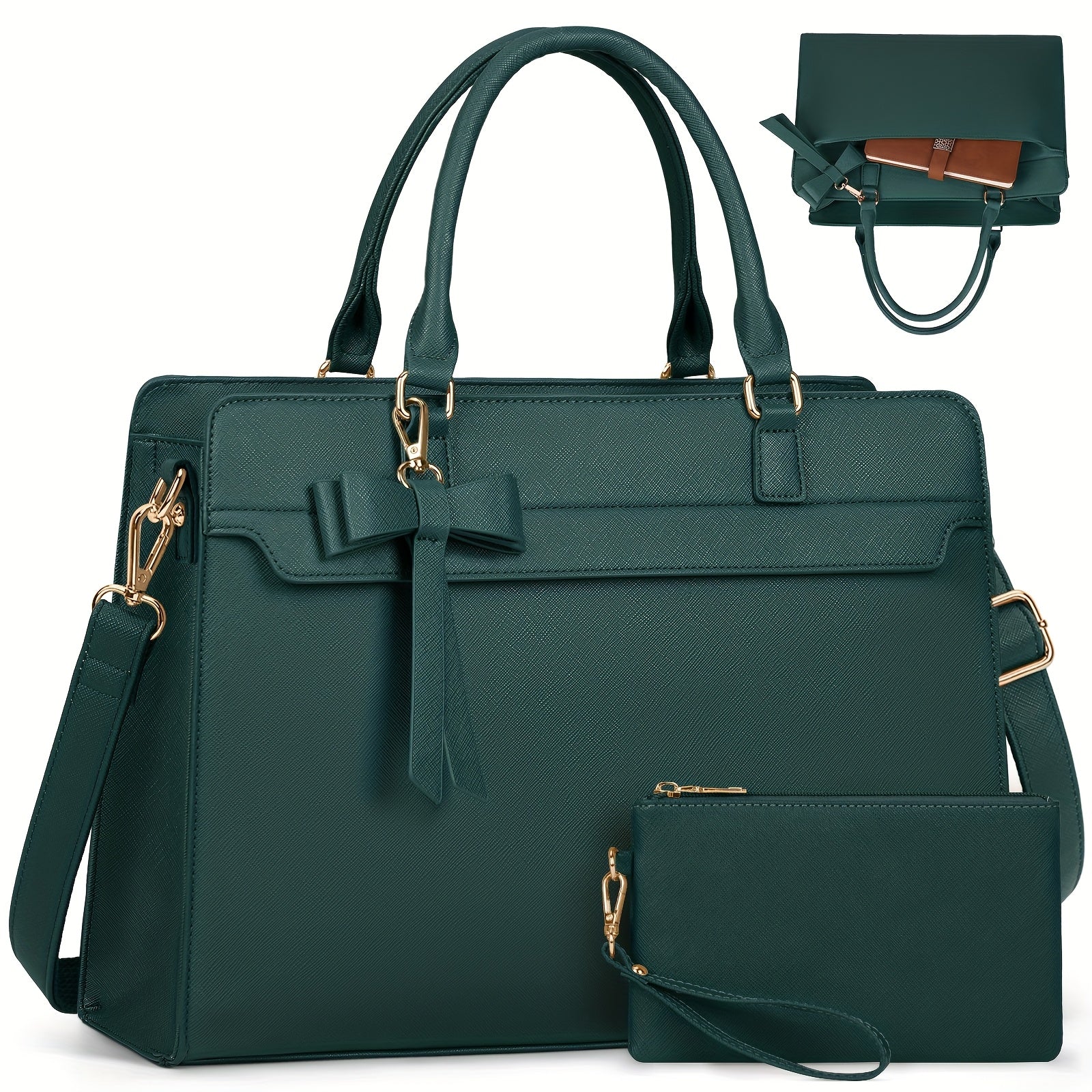 RAINSMORE Bolso de Mano para Mujer Bolso de Compras para Mujer Bolso Grande de 39.62 cm para Laptop Bolso de Trabajo de Cuero para Mujer Bolso de Hombro con Cartera Juego de Dos Piezas para Oficina de Negocios Escuela