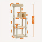 Árbol para Gatos de 143 cm de Altura, Torre Multinivel con Hamaca Extra Grande, Postes de Rascado Cubiertos de Sisal, Condominio Acogedor y Plataforma Superior