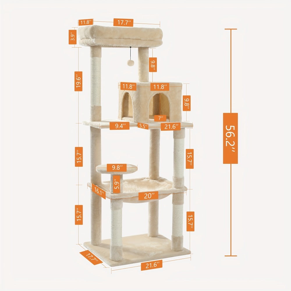 Árbol para Gatos de 143 cm de Altura, Torre Multinivel con Hamaca Extra Grande, Postes de Rascado Cubiertos de Sisal, Condominio Acogedor y Plataforma Superior