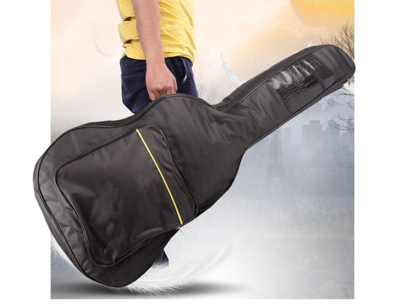 Funda Clásica para Guitarra Acústica, Estuche Rígido Negro con Bolsillos, Correas Ajustables y Asa para Transporte, Material Sólido Grueso Protector Resistente a las Condiciones Climáticas, Estuche con Bolsillo Adicional para Partituras A4 y Bolsillo para