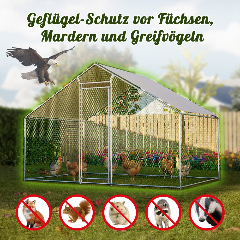 Gallinero 3x2m, Jaula Exterior para Gallinas de Rango Libre, Recinto con Cerradura de Seguridad, Malla Recubierta y Techo de PE, Adecuado para Gallinas, Patos, Conejos y Otros Animales Pequeños