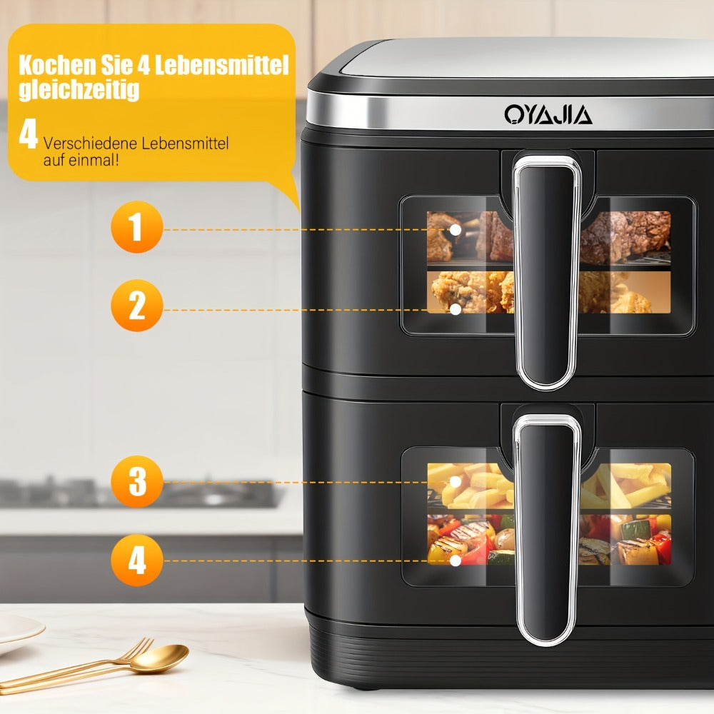 Freidora de Aire de 11L con Ventana de Fácil Visualización, Cajones Verticales Dobles, Cocción en 4 Niveles, Capacidad XXL - 2 Cestas de 5.5L, 2 Cajones y 2 Rejillas, Ahorro de Espacio, 10 Funciones, Sincronización y Compatibilidad, Libre de PFAS, 2800W