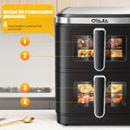 Freidora de Aire de 11L con Ventana de Fácil Visualización, Cajones Verticales Dobles, Cocción en 4 Niveles, Capacidad XXL - 2 Cestas de 5.5L, 2 Cajones y 2 Rejillas, Ahorro de Espacio, 10 Funciones, Sincronización y Compatibilidad, Libre de PFAS, 2800W