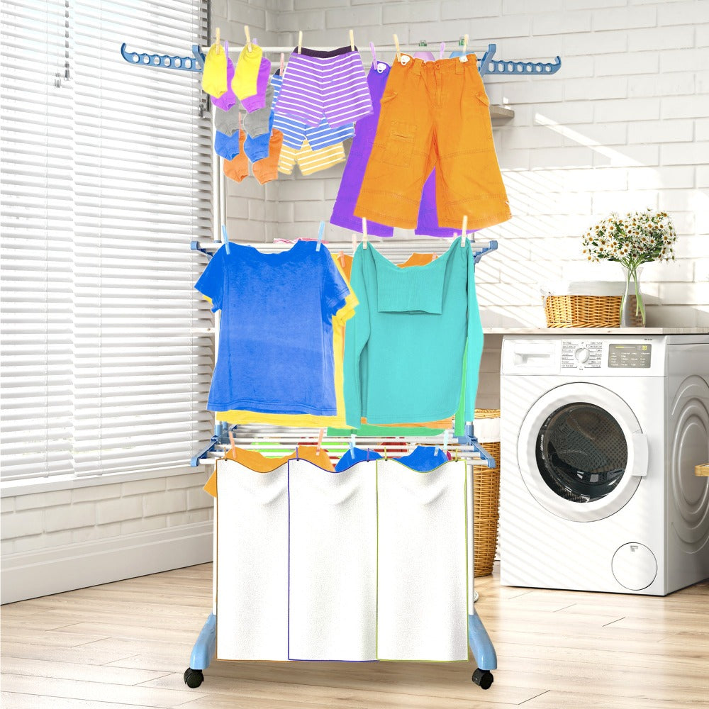 Tendedero Ropa Plegable Vertical XXL Nyana Home Ruedas Pivotantes 360º Multifuncional 4 Niveles y Alas Plegables Hasta 20 Metros de Secado Secadora de Ropa Tendedero de Ropa Tendal Exteriores Interiores Alas Laterales Plegables