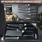 Juego de 6 cuchillos de cocina profesionales, que incluye un cuchillo de chef, un cuchillo para rebanar, un raspador y tijeras, fabricados con acero inoxidable de alto carbono para una afilada excepcional, con un mango ergonómico de madera que evita el pe