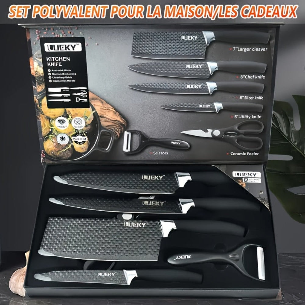 Juego de 6 cuchillos de cocina profesionales, que incluye un cuchillo de chef, un cuchillo para rebanar, un raspador y tijeras, fabricados con acero inoxidable de alto carbono para una afilada excepcional, con un mango ergonómico de madera que evita el pe