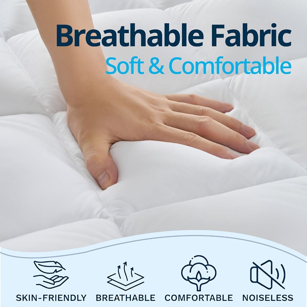 Cubrecolchón cómodo de 1200 GSM, ultrasuave, refrescante y transpirable para todas las estaciones, de fácil cuidado, lavable a máquina, con bandas elásticas resistentes.