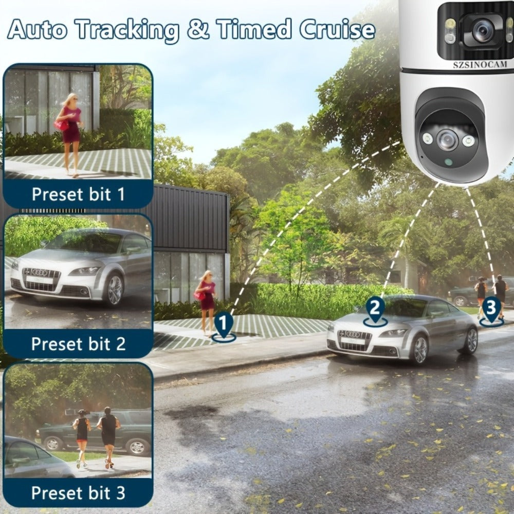 Cámara IP Inalámbrica de Doble Lente, Cámara de Seguridad PTZ para Exteriores con WiFi 2.4G, Pantalla Dual, Seguimiento Automático, Visión Nocturna, Audio Bidireccional, Detección de Movimiento para Seguridad en Hogar, Calle y Monitoreo