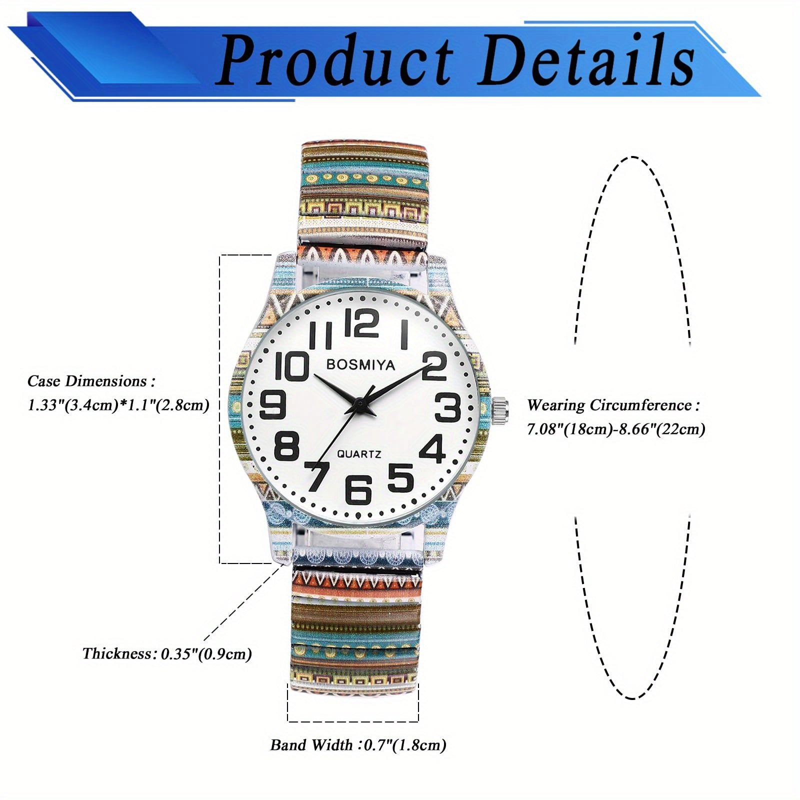 Reloj de Mujer Jewelrywe con Brazalete Elástico de Metal, Estilo Étnico Boho Vintage Analógico de Cuarzo, Reloj Casual de Mujer con Brazalete Elástico de Aleación y Esfera con Números Árabes Grandes