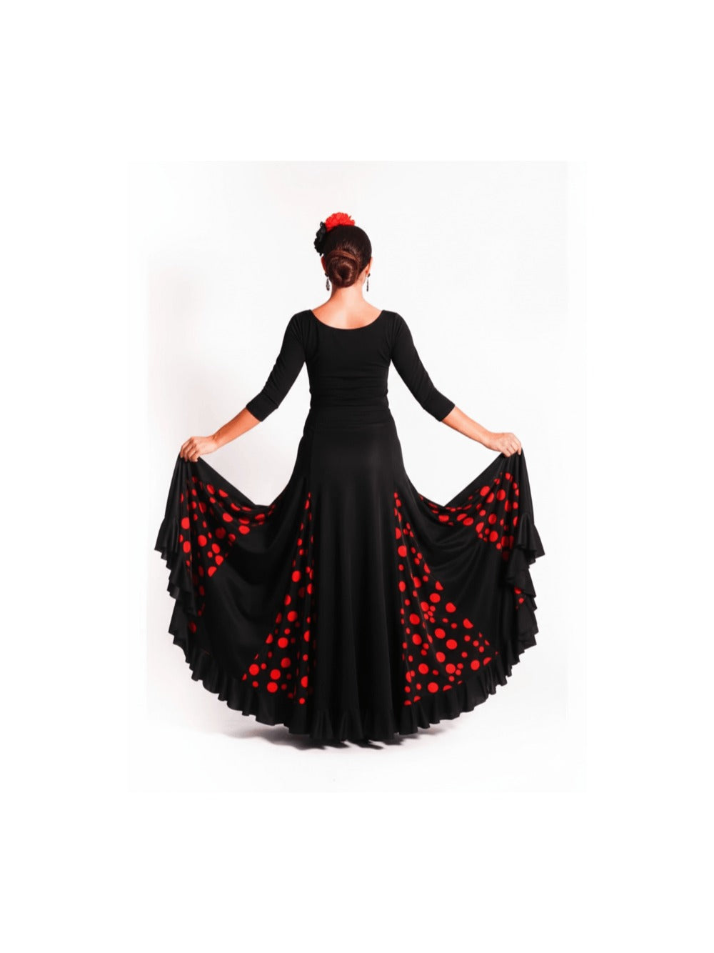 Falda flamenca de tiro alto (bajo pecho) negra con lunares rojos o blancos | Cintura elástica adaptable