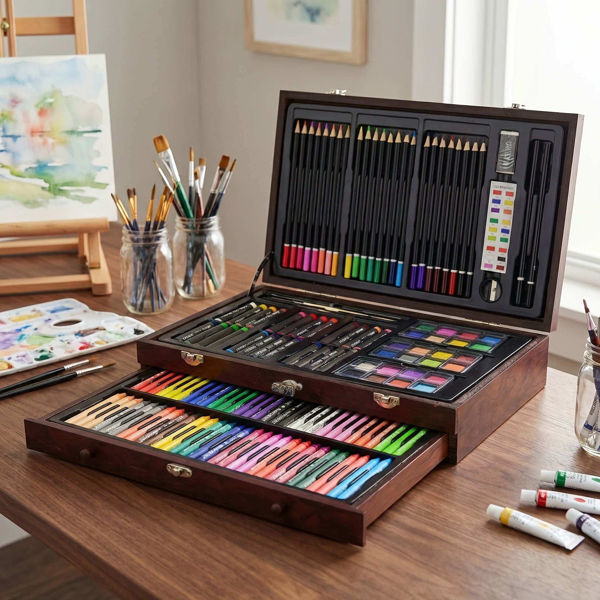 Set de Arte de Lujo (Incluye Dibujos y Lápices de Colores en una Caja de Almacenamiento de Madera), Set de Herramientas de Arte Profesional para Adultos, Suministros para Pintar para Artistas, Ideal para Bocetos al Aire Libre, Perfecto como Regalo para Fe