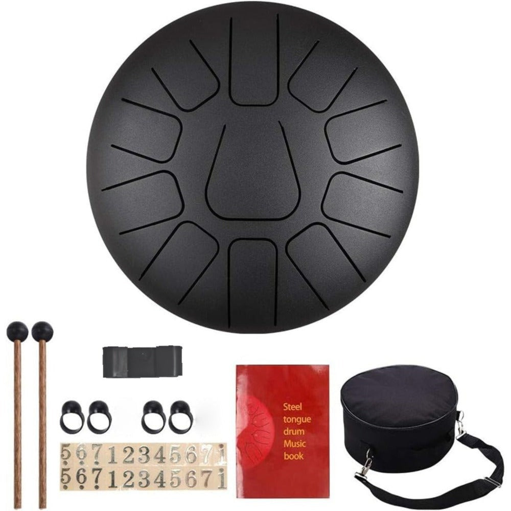 Tambor de lengüetas de acero de 10 pulgadas con 11 notas, completo con mazos de tambor, una bolsa de transporte y palillos de notas para terapia del sonido, meditación y yoga