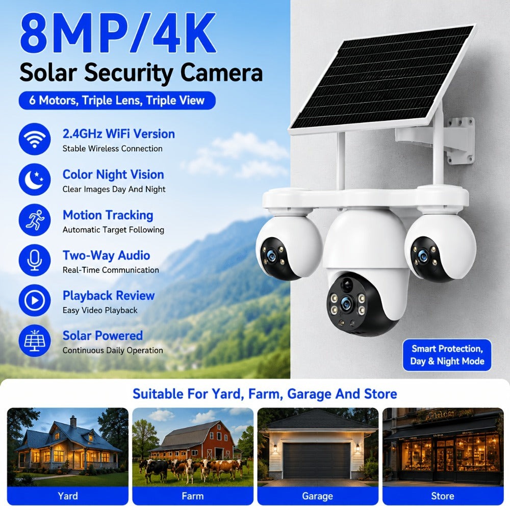 Cámara Solar Exterior V380MAX de Tres Lentes y Tres Ángulos, Cámara de Seguridad Inteligente Solar, Conexión WiFi Inalámbrica, Adecuada para Hogar, Tienda y Exteriores, Visión Nocturna en Color Ultra HD, Detección de Movimiento, Voz Bidireccional, Rotació