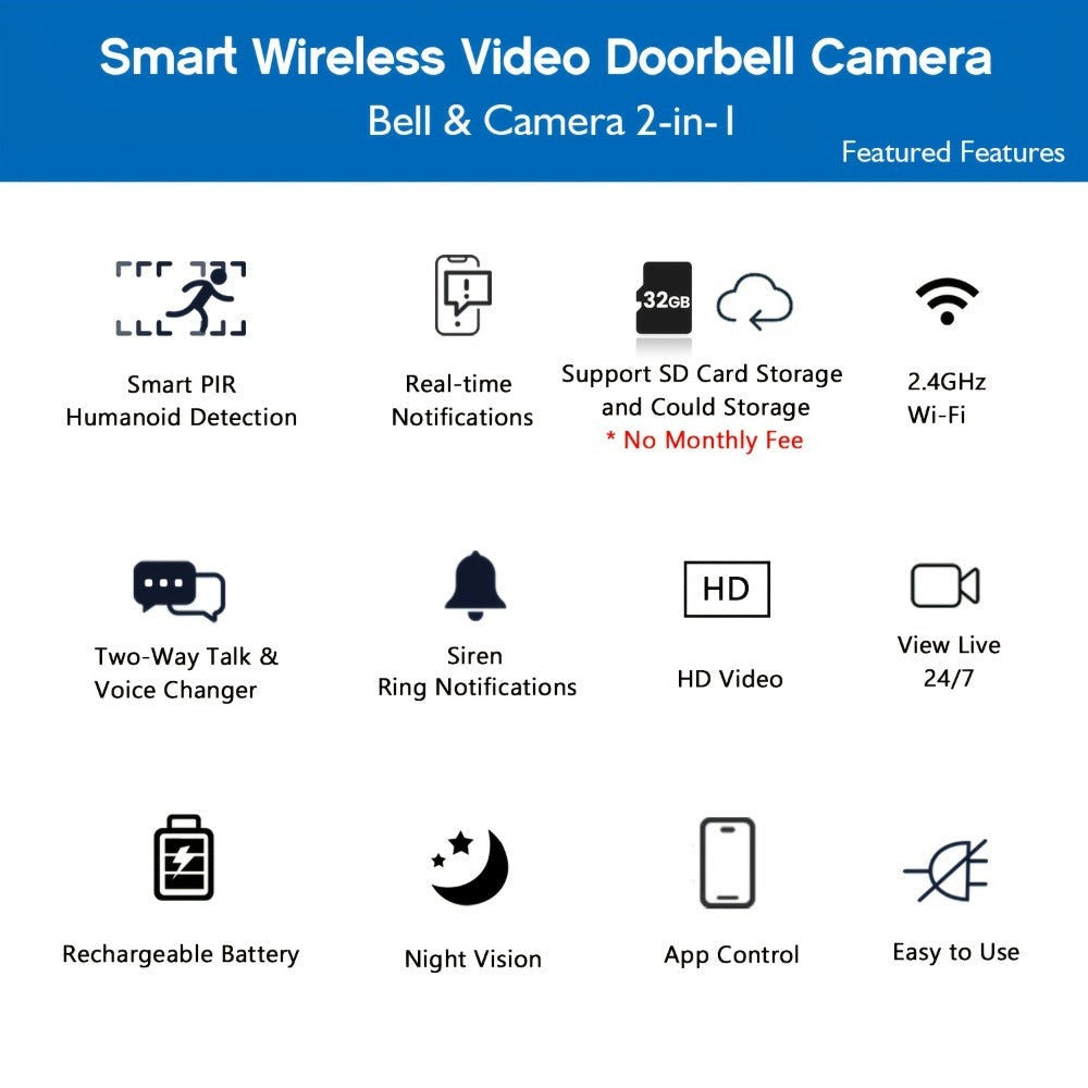 Timbre sin varillas para seguridad del hogar, cámara de seguridad con visión nocturna, 960P HD, detección de movimiento PIR, batería recargable de 2600mAh - Fácil de montar y controlado por aplicación, cámara de seguridad inalámbrica para el hogar, timbre