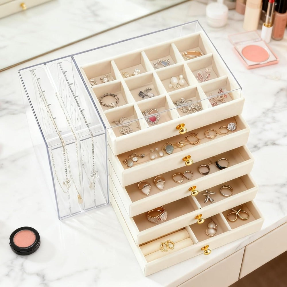 Caja de almacenamiento de joyas de gran capacidad con cajones y puerta lateral transparente, organizador multicapa para aretes, collares, anillos y pulseras, elegante solución de almacenamiento para tocador, joyeros