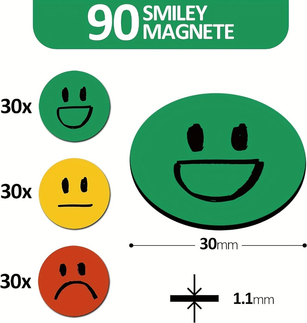 Paquete de 90 imanes de caras sonrientes de colores con un diámetro de 30 mm cada uno, con adhesivo fuerte para superficies planas. Ideal para refrigeradores, accesorios para profesores y tableros de recompensas con imanes de caras sonrientes, disponible