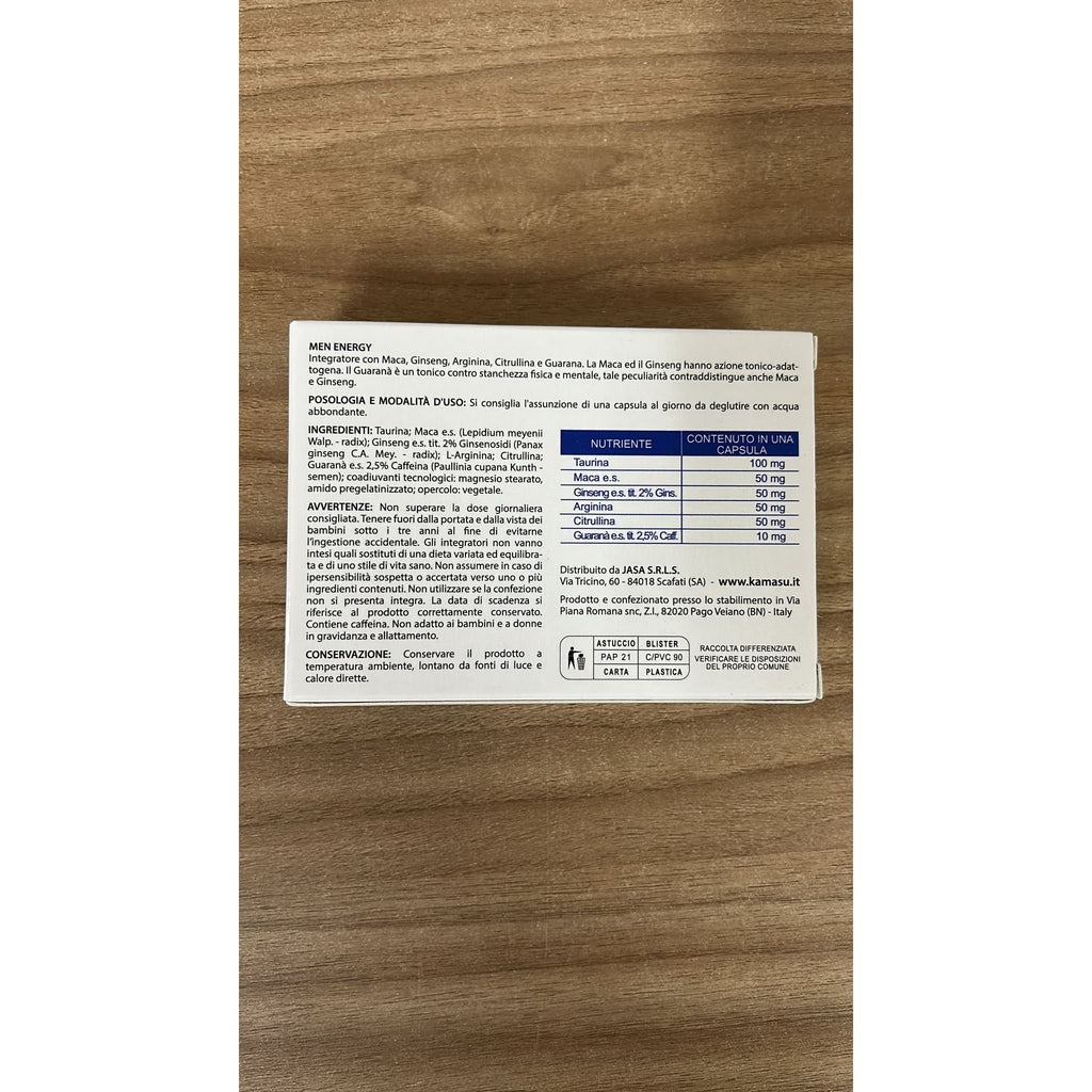 Integrador para hombre con taurina, maca peruana, arginina, ginseng, citrulina, guanabana - 60 cápsulas - Hecho en Italia
