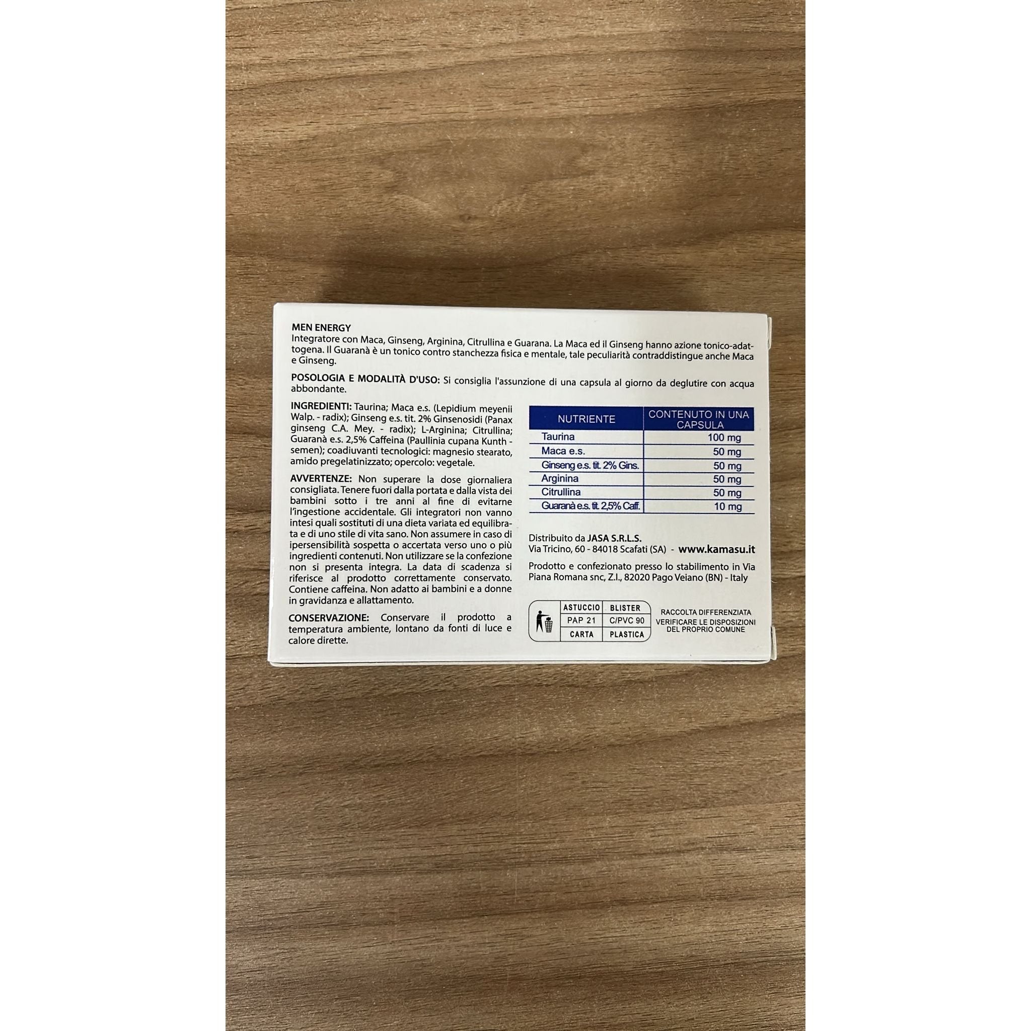 Integrador para hombre con taurina, maca peruana, arginina, ginseng, citrulina, guanabana - 60 cápsulas - Hecho en Italia