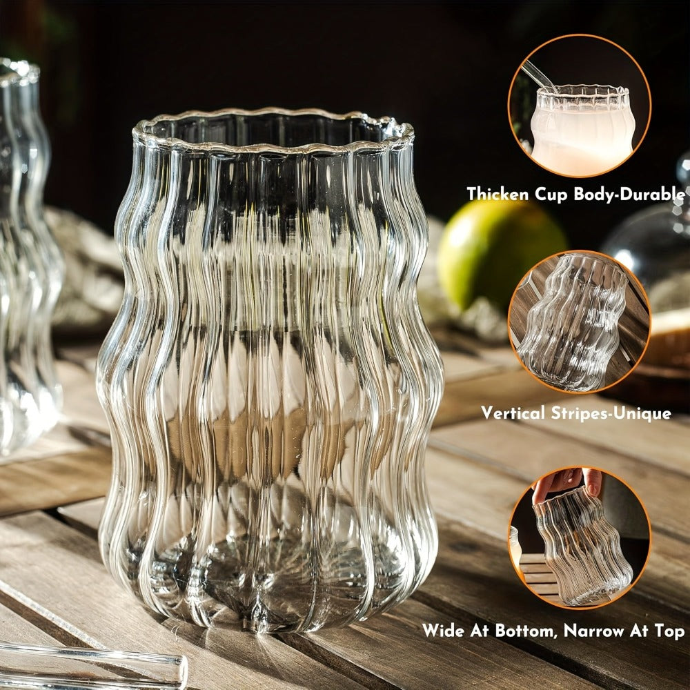 Almacén Local, Juego de 6 Vasos Rayados con Forma de Nube, Incluye 6 Pajitas, 530 ml/18 oz, Adecuado para Bebidas Frías/Calientes, Jugo, Leche, Agua, Helado, Cócteles, Perfecto para Fiestas, Hecho de Vidrio Borosilicato, Apto para Lavavajillas