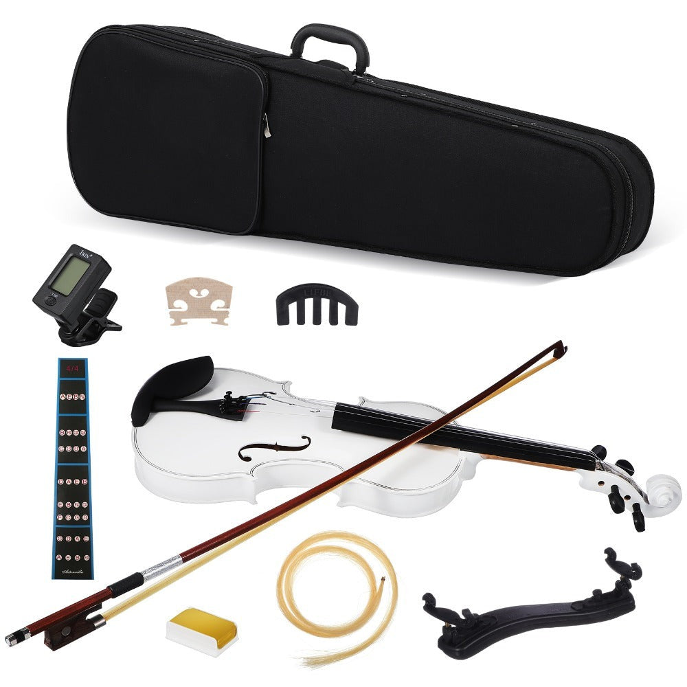 Violín de madera con arco, cuerdas, paño de limpieza y hombro - Elegante extremo blanco, incluye arco y accesorios para principiantes y profesionales, accesorios para violín, calidad profesional, diseño clásico, artesanía de alta calidad