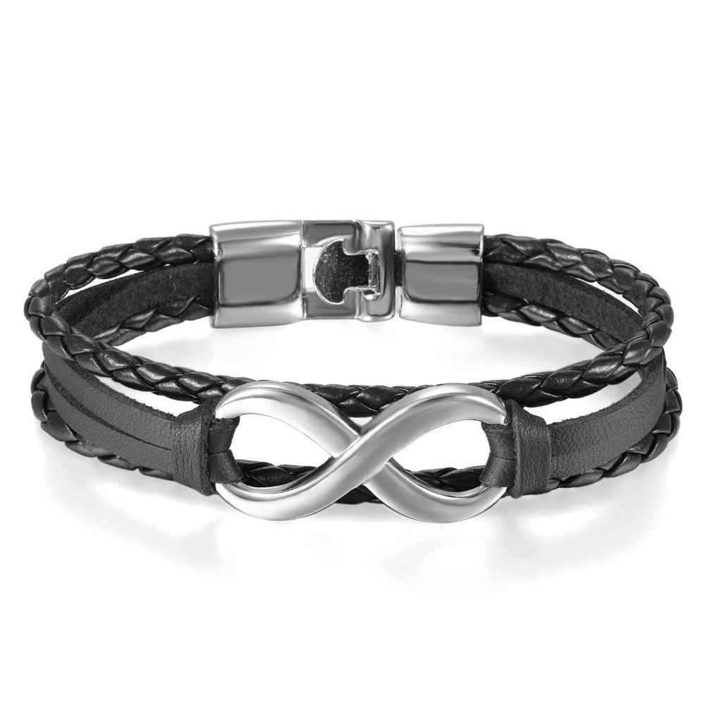 Pulsera de Cuero PU Trenzado con Símbolo Infinito para Hombres y Mujeres - Brazalete en Forma Infinity, Estilo y Blanco Regalo Joyería Unisex Para Boda/Aniversario/Accesorio Punk (Sin Metal, Uso Todo el Año)
