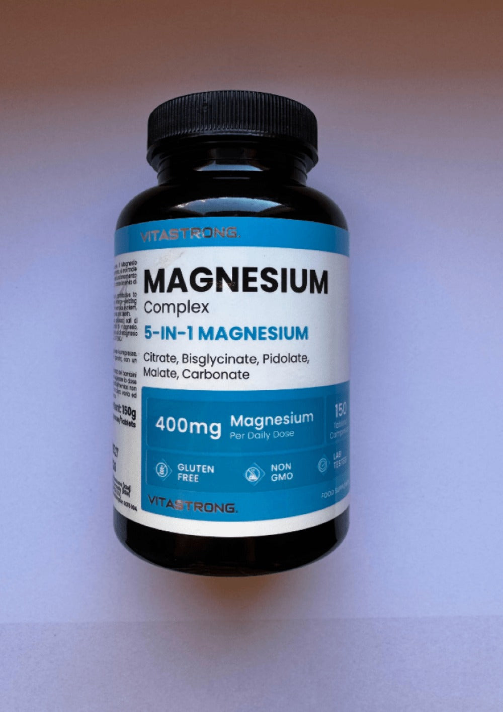 Vitasstrong Magnesio Completo, 400 mg por Tableta, 5 Fuentes de Magnesio: Bisglicinato, Citrato, Malato, Picolinato, Carbonato, Tabletas de Suplemento Dietético, Sin Gluten y Sin Lactosa, Calidad Premium Vitastrong