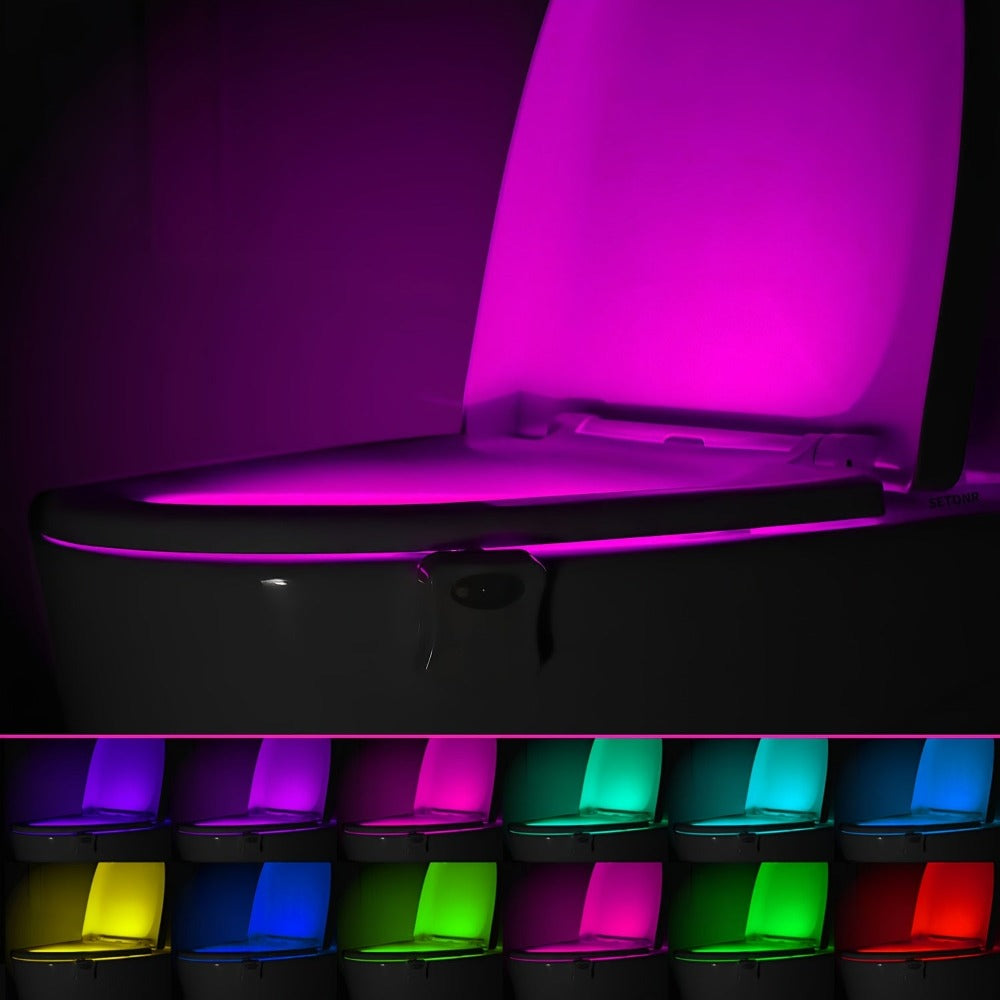 Juego de 2 luces modernas para inodoro con sensor infrarrojo, detección de movimiento y luz nocturna, aptas para baño, de pared/apagado, 16 opciones de color, funcionamiento sin enchufe para taza de inodoro, de plástico