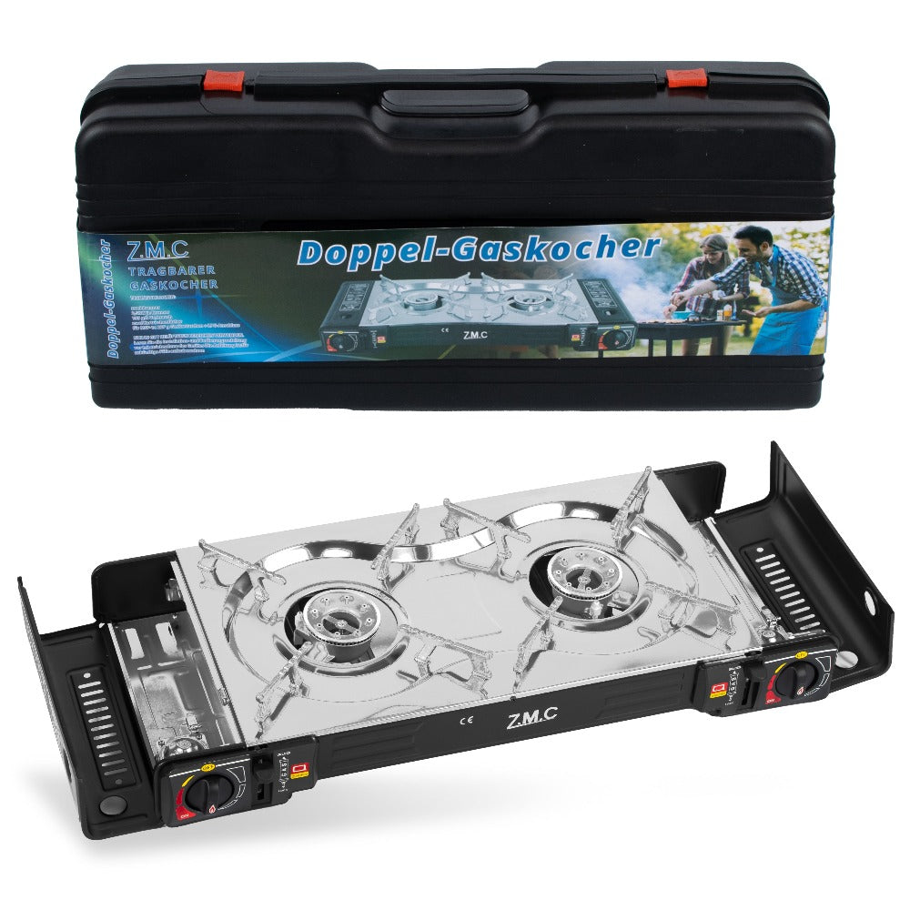 Estufa de Gas para Camping ZMC de 2 Quemadores con Adaptador LPG y Estuche de Almacenamiento – Estufa de Gas Doble con Potencia de 2.5 kW, Encendido Piezoeléctrico, Compatible con Cilindros de Gas Butano de 227g y Botellas de Gas LPG – Estufa de Gas Portá