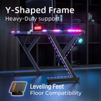 Escritorio gaming resistente en forma de Y con luces LED RGB duales, mesa de ordenador con portavasos y gancho para auriculares, superficie ergonómica de fibra de carbono, mesa para gamers para oficina en casa, dormitorio, negro