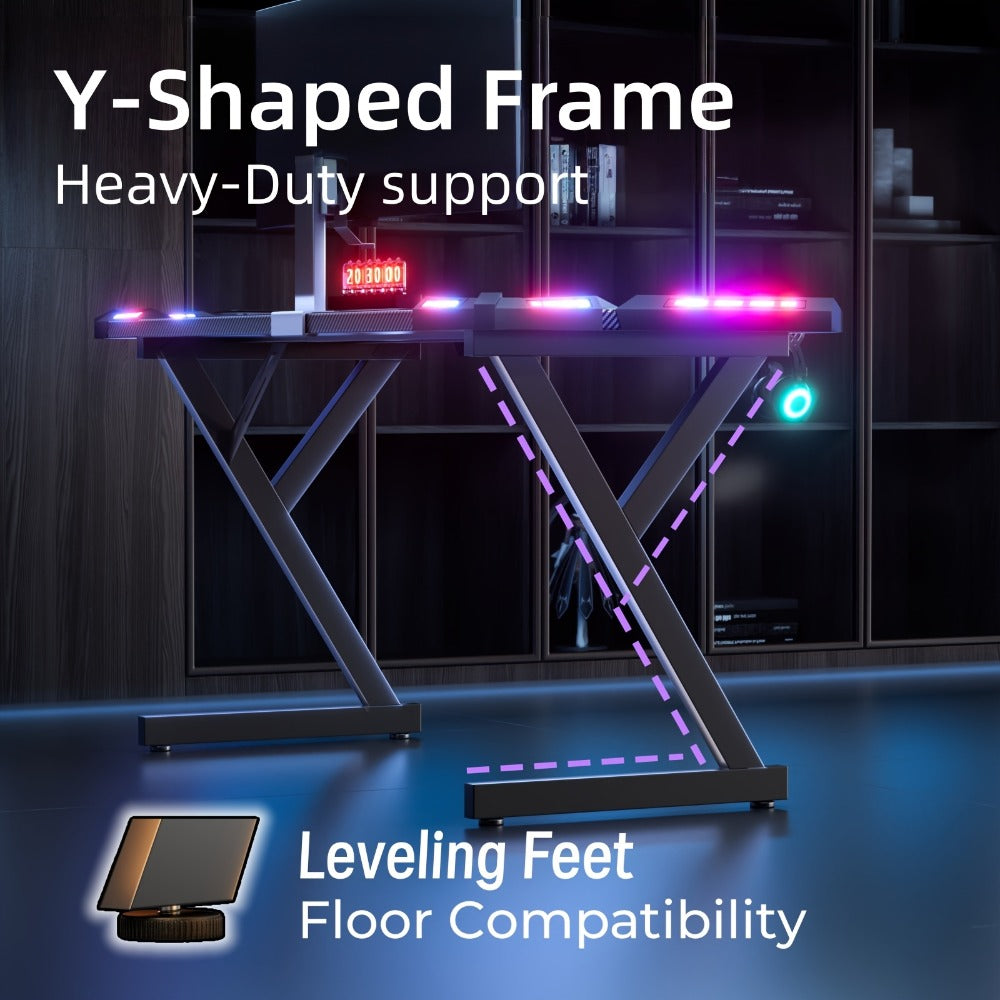 Escritorio gaming resistente en forma de Y con luces LED RGB duales, mesa de ordenador con portavasos y gancho para auriculares, superficie ergonómica de fibra de carbono, mesa para gamers para oficina en casa, dormitorio, negro
